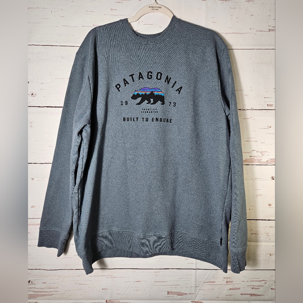 Patagonia Blue Gray Crewneck Sweatshirt with Bear Logo